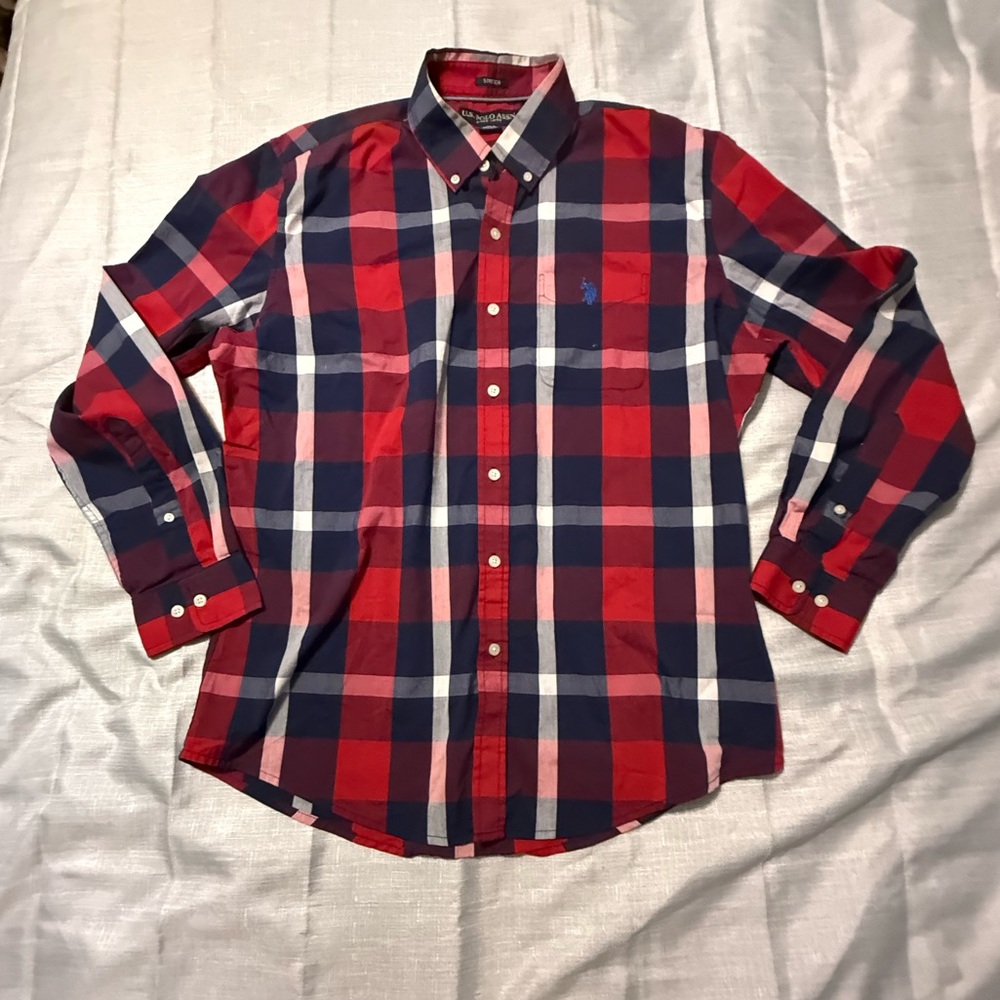 U.S. Polo Assn. Red White Blue Plaid Long sleeve Button down shirt 100